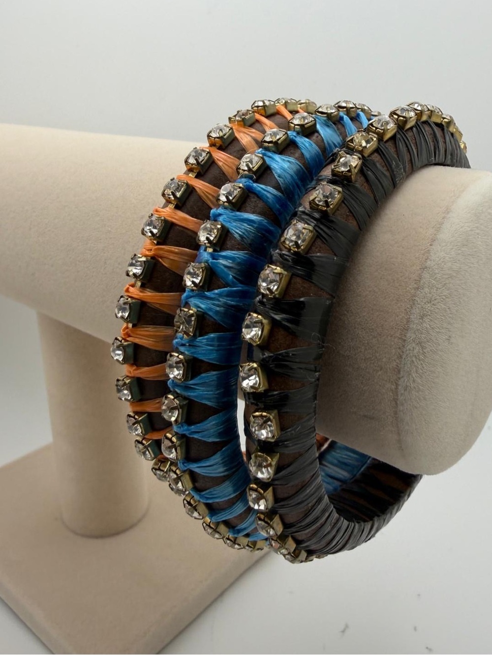 Colorful Wrapped Rhinestone Stackable Bracelet Set - Orange Blue Brown - Picture 2 of 5